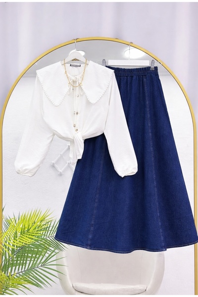 MODA VEDAT Γυναικείο πουκάμισο με γιακά και κορδόνια - Σετ με τζιν φούστα -0670