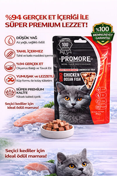Promore Tahılsız Okyanus Balıklı ve Tavuklu Kedi Ödül Maması 80 Gr (%94 Gerçek Et)
