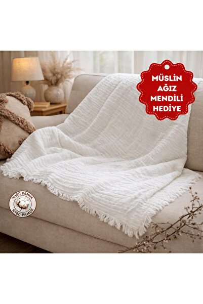 AYDESİGN White 100% Cotton Fabric Tasseled Baby Blanket (with Mouth Wipes as ...