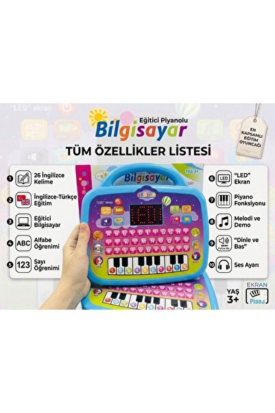Tıfıl Toys Eğitici Piyanolu Sesli Işıklı Led Ekranlı İngilizce Türkçe 26 Keli...