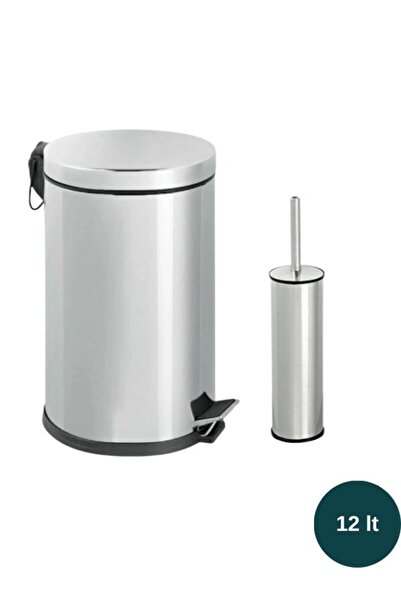 bersachef 2'li Paslanmaz Çelik Banyo Seti 12litre Çöp Kovası Tuvalet Fırçası