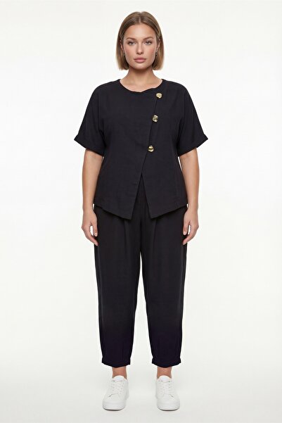 EXİTLİNE Women's Black Summer Buttoned Top and Bottom Set