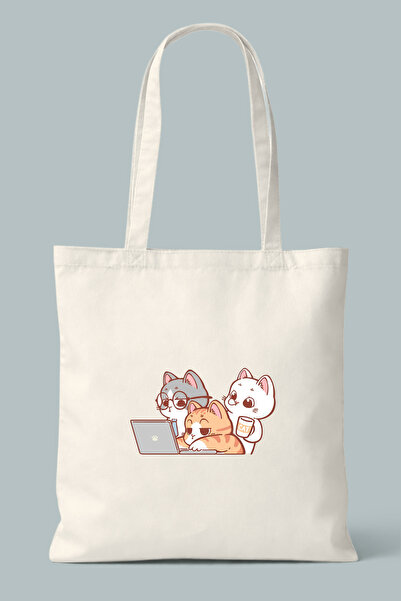 Hayali Şeyler Cute Cats Working on Laptops Printed Cloth Bag