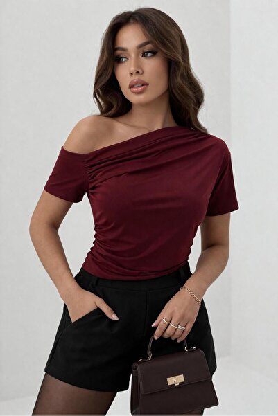peri tower Women's Burgundy One-Shoulder Draped Stretch Fabric Blouse 127