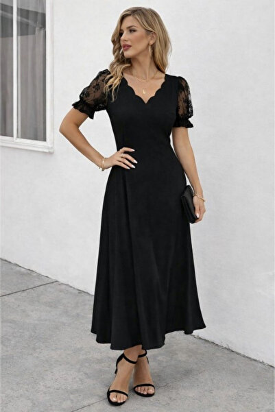 Modayakamoz Νέα Σεζόν Γυναικείο Φόρεμα με Δαντέλα στα Μανίκια και Λαιμόκοψη V...