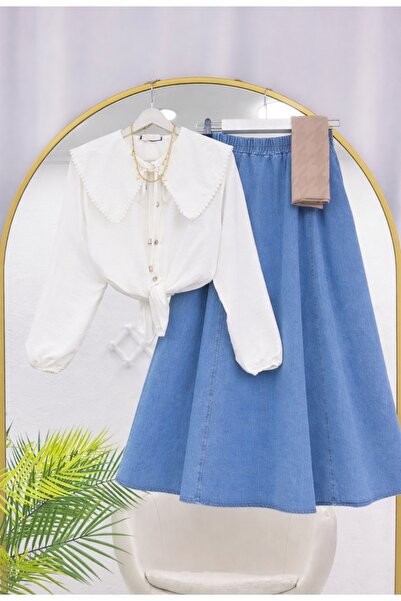 MODA VEDAT Women's Collared Lace-Up Shirt - Denim Skirt Set -0670