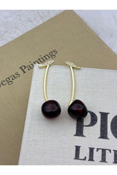 Hedef Bijuteri Burgundy Zircon Stone Leaf Cherry Model Gold Color Design Earr...