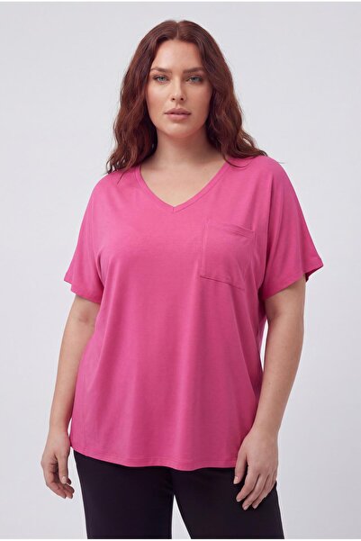Ebsumu Women's Plus Size V-Neck Pocket Breathable Fabric Loose Pink Blouse