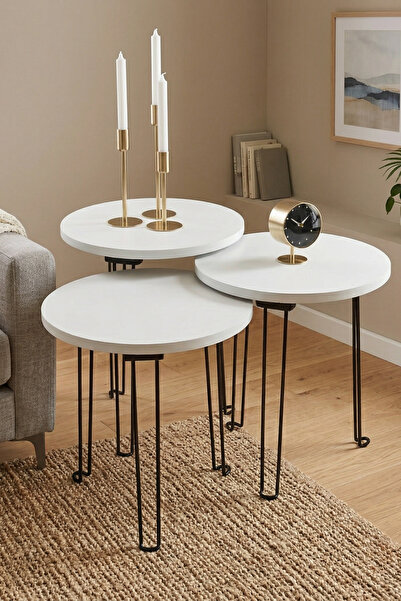 OKAE Turkish Nesting Round Service Table Set of 3 High Gloss White Wooden Top...