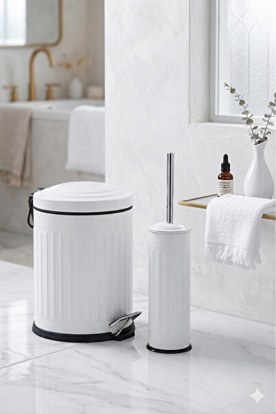 bersachef Retro 5lt Banyo Seti Çöp Kovası Wc Fırçalık Amortisör Kapaklı Beyaz...
