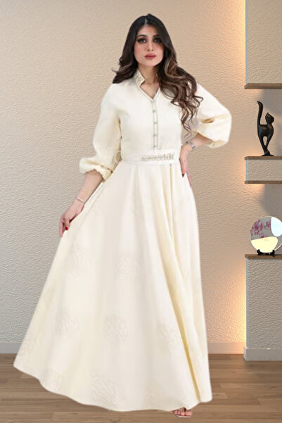 TREASUREISLAND Jacquard Robe with Puffed Sleeves and Crystal Belt