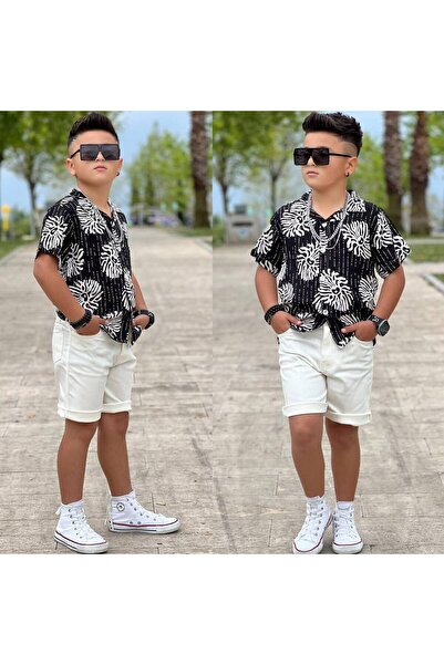RÜYA KİDS Boy's Linen Shirt and Denim Shorts Summer Holiday Set