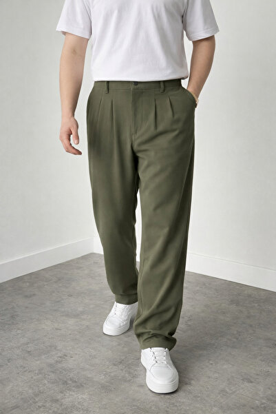 Polo State بنطلون رجالي كاكي فضفاض من القماش المطوي