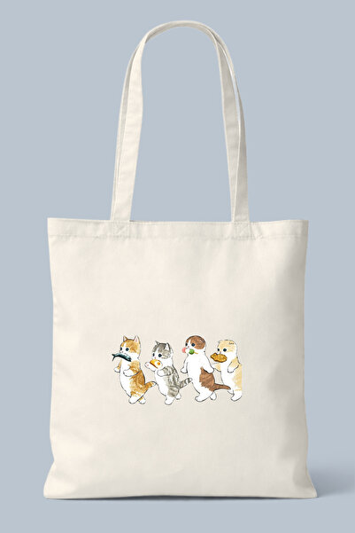 Hayali Şeyler Greedy Cats Carrying Fish and Food Printed Cloth Bag