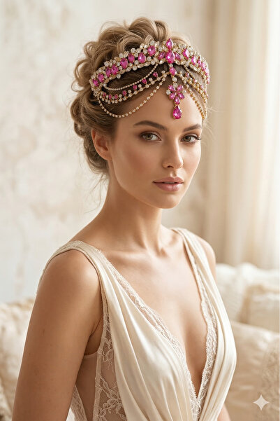 Limelia تاج الزفاف والحناء الساحر مع سلسلة للجبهة مرصعة بالكريستال والأحجار ا...