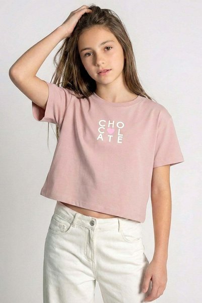 Dmb Girl's 9-14 Years Old Patterned Short Sleeve Crop T-Shirt Powder