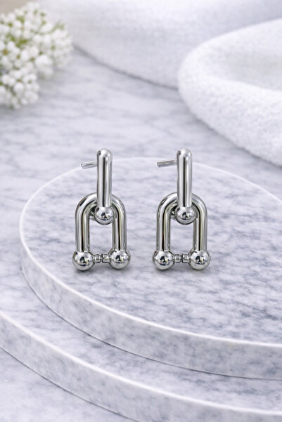 Selay Accessory Silver Geometrik Zincir Form Küpe Modern Minimal Tasarım Kadı...