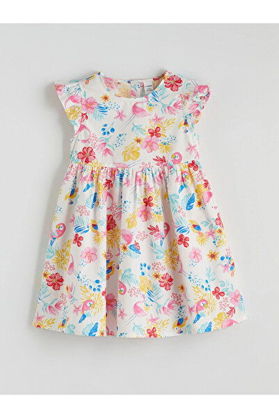 LC Waikiki LCW Kids Ecru Crew Neck Λουλούδια Κοριτσίστικο Φόρεμα