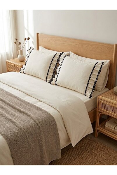 100% Cotton Raw Linen Pillowcase Set Pompom and Ruffle Detail Stylish Design (2 Pieces)