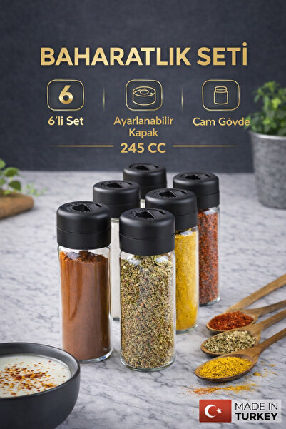 QLUX IDEAS Glass Spice Jar Set of 6, 245 Cc, Adjustable Lids, 3 Hole Settings...