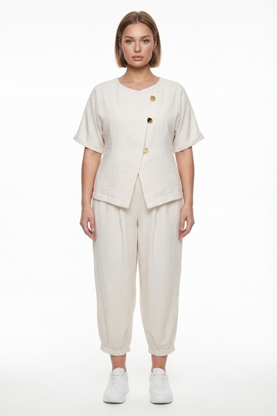 EXİTLİNE Women's Beige Summer Buttoned Top and Bottom Set