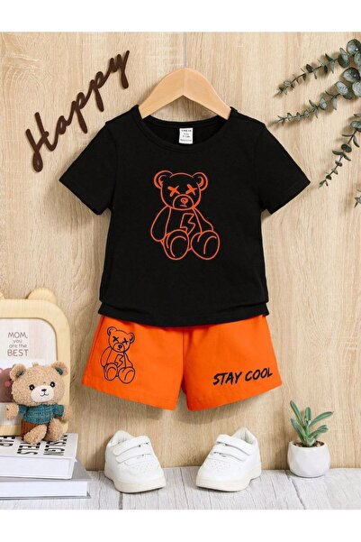 VESTIR BIEN Black Bottom Orange Bear Printed Summer Shorts Top and Bottom Set...