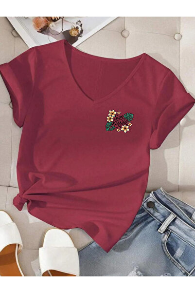 SUNFREE Tricou de bază pentru femei, cu mânecă scurtă, cu decolteu în V și im...