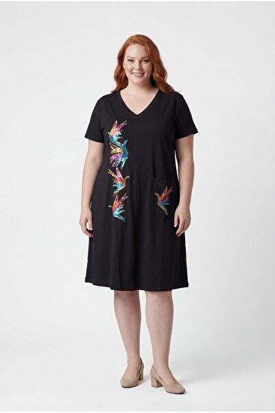 Ebsumu Women's Plus Size Embroidered Black Dress