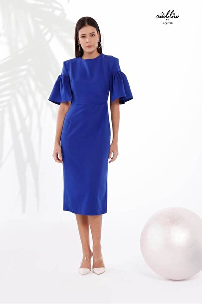 Stylish Fashion Stylish Fashion Turkish Style Midi Blue Dress with a Cut That...