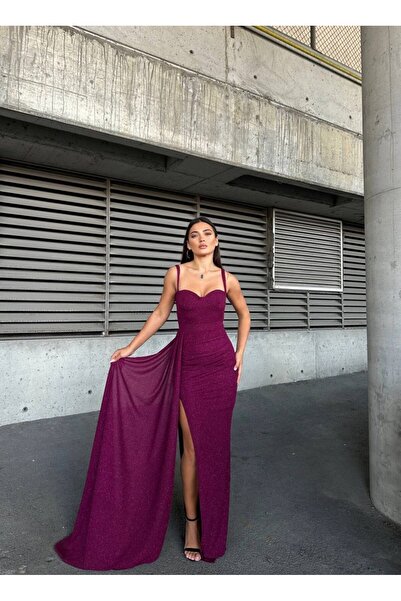 WoolnClyde Women's Black Glittery Slit Strap Bustier Collar Long Evening Dress