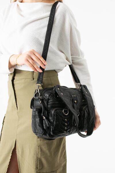 571 Collections Çanta Yıkanmış Deri Çok Bölmeli Omuz Çantası Siyah Model:(571...