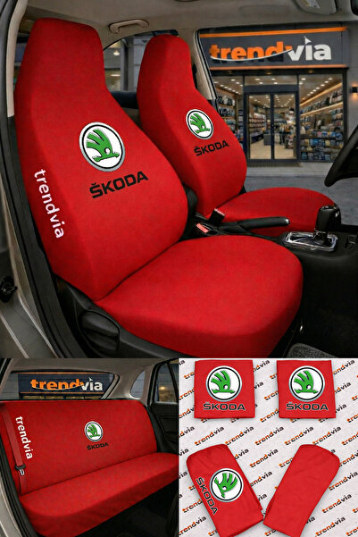 trivexa Skoda Logo Car Seat Cover Front Rear Set – Combed Cotton Lycra Univer...