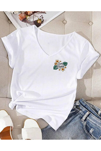 SUNFREE Tricou de bază pentru femei, cu mânecă scurtă, cu decolteu în V și im...