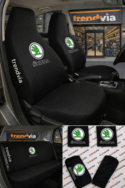 Skoda Logolu Oto Koltuk Kılıfı Ön Arka Set – Penye Likralı Universal Koltuk Koruyucu Servis Kılıfı