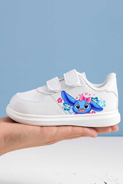 lias desing حذاء رياضي للأطفال باللون الأبيض مع شريط أزرق مطبوع عليه وحش وردي
