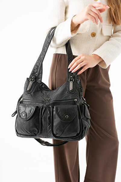 571 Collections Çanta Washed Leather Multi-Compartment Shoulder Bag Black Mod...