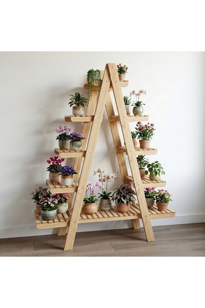 Ev dekka WoodDecor 5 Katlı Ahşap Merdiven Çiçeklik - 120x100 cm Geniş Raf Standı