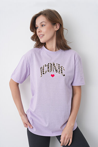 TREND EMMODA Tricou de damă din bumbac liliac, cu imprimeu leopard, cu inimă ...