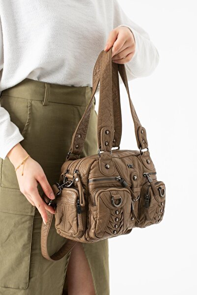 571 Collections Çanta Washed Leather Multi-Compartment Shoulder Bag Brown Mod...