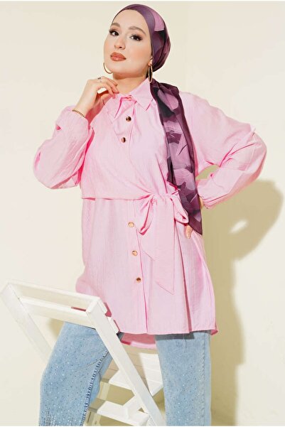 MODA VEDAT Γυναικείο πουκάμισο από ύφασμα φράουλας με δέσιμο στο πλάι -0430