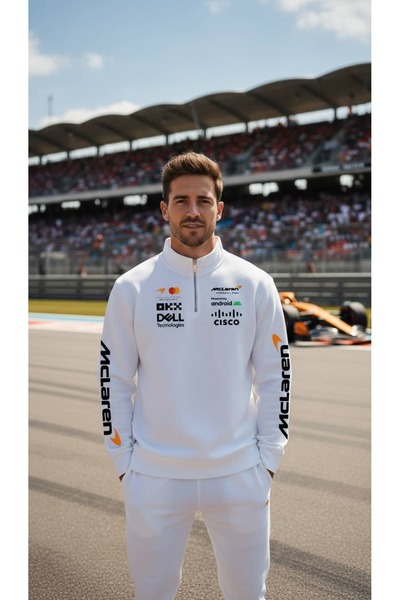 BJACKS Motorsports Wear سويت شيرت ماكلارين فورمولا 1 أبيض بسحّاب نصف كلي - سو...