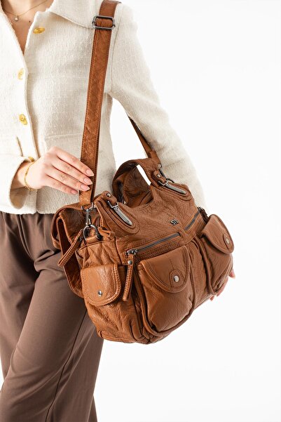 571 Collections Çanta Washed Leather Multi-Compartment Shoulder Bag Tan Model...