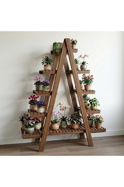 Ev dekka WoodDecor 5 Katlı Ahşap Merdiven Çiçeklik - 120x100 cm Geniş Raf Standı