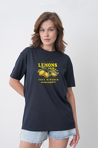 TREND EMMODA Tricou de damă, în stil de vară, cu imprimeu cu lămâie, cu gât r...