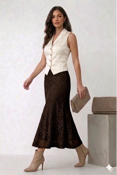 onlymoon Brown Lace Fish Skirt Women's Midi Length Stylish Hijab Elegant Cut ...