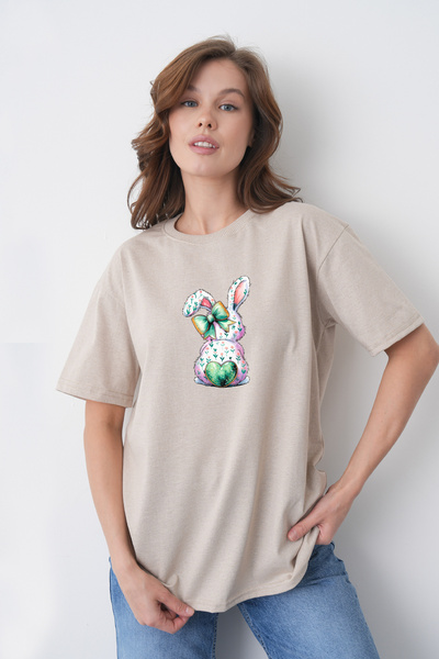 TREND EMMODA Tricou de damă, cu imprimeu floral, cu figurină de iepure cu coa...