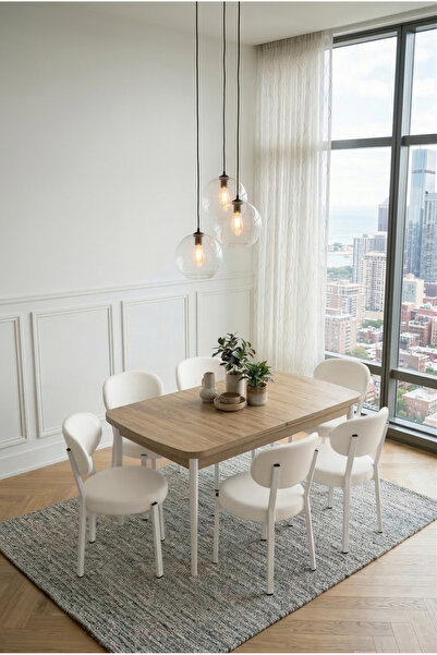 DEREN HOME Pufy Serisi 80x130 Açılabilir Masa +6 Adet Silinebilir Sandalye Ma...