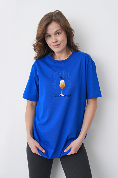 TREND EMMODA Tricou din bumbac albastru Saks, cu gât rotund, cu imprimeu scri...