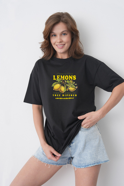 TREND EMMODA Tricou de damă, stil de vară, cu imprimeu cu lămâie, cu gât rotu...