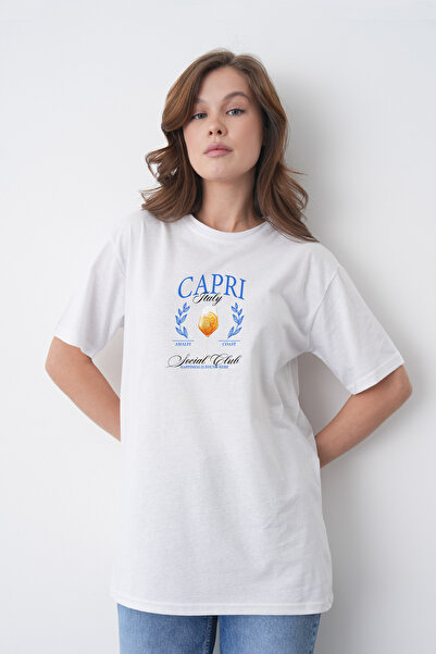 TREND EMMODA Tricou din bumbac alb, cu gât rotund, cu imprimeu Social Club, î...